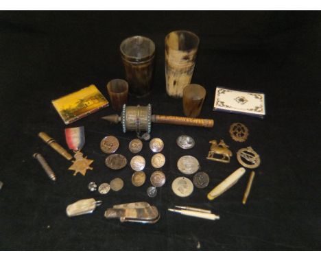 A quantity of various miscellaneous items to include horn beakers, pen knives various, Prayer wheel, various buttons, medalli