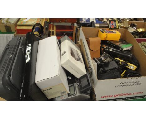 Two boxes of various camera equipment, Panasonic DVD Player, leather cased Polaroid camera, Tomtom etc