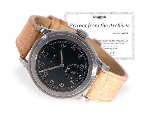 Armbanduhr: extrem rare Longines Ref. 3864, sog. ‘TRE TACCHE’, Bj. 1942, mit Stammbuchauszug: Ca. Ø35mm, Stahl, Originalgehäu