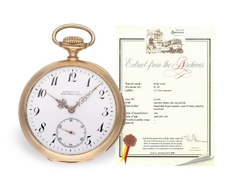 Taschenuhr: seltene, kleine Patek Philippe mit Minutenrepetition, Genf 1893, mit Stammbuchauszug: Ca. Ø46,5mm, ca. 80g, 18K R