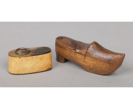 An 18th century horn snuff box with steel loop handle along with a novelty snuff box formed as a clog. Clog 13cm.
