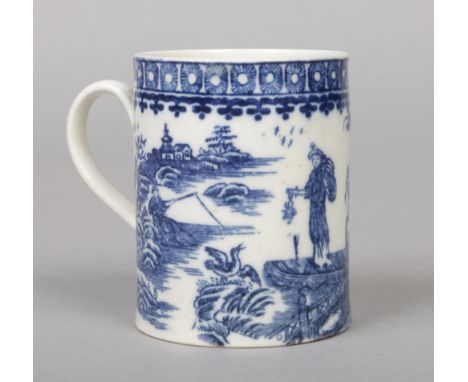 A rare Caughley dry-bottomed mug of cylindrical form and with strap handle. Printed in underglaze blue with the Fisherman and