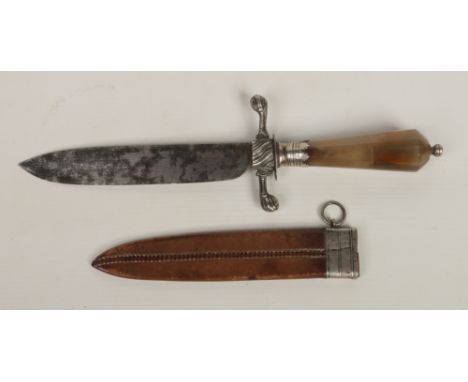 An 18th century German hunting knife in leather scabbard. With silver mounts and faceted agate handle. Blade stamped with a s