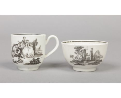 A Worcester coffee cup with grooved loop handle and a Worcester teabowl. On glaze black printed the cup with La Amour and Gar