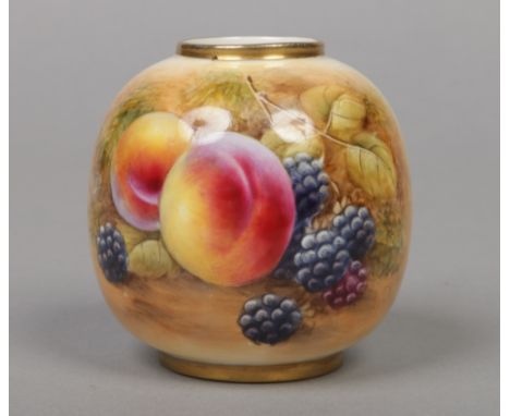 A Royal Worcester globular shaped bud vase by J. Smith. With gilt rims and painted with peaches and blackberries in a vignett