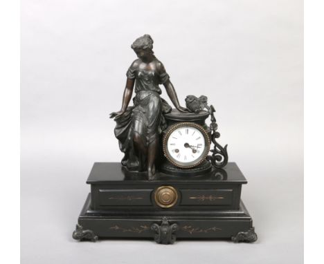 A 19th century French figural slate and spelter mantel clock surmounted by a maiden and raised on bracket feet. Housing an 8 