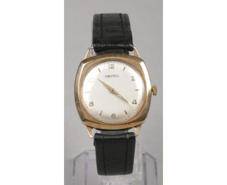A gentleman's 9ct gold cased Helvetia manual wristwatch. With satin dial having pointed baton and Arabic numeral applied gold