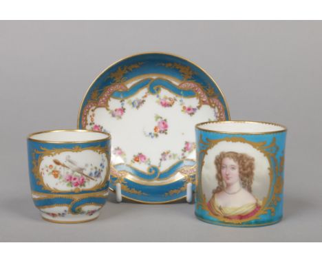 A Sevres coffee can with blue celeste and gilt ground. Later painted with the portrait of a lady, painted L mark. Along with 