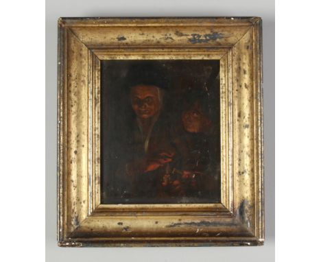 A 19th century gilt framed oil on oak panel. Depicting a man and young boy lighting candles, 22cm x 18cm.Condition report int
