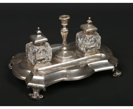 A Victorian silver presentation desk stand by Edward &amp; John Barnard. Incorporating a pair of of cut glass inkwells, an oc