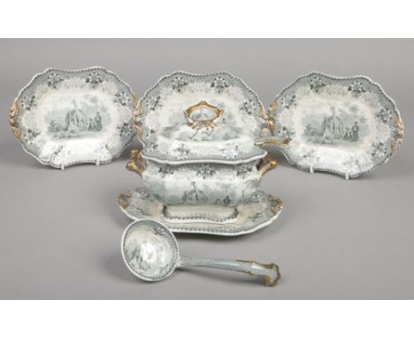 A John Ridgway sauce tureen, cover and stand, along with three more stands and two ladles. Printed in green and gilded with t