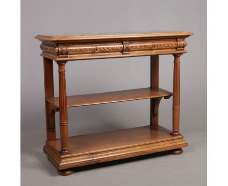 An early 20th century Flemish carved walnut marble top buffet side table with&nbsp; two drawers, 115cm wide, 100cm high, 45cm