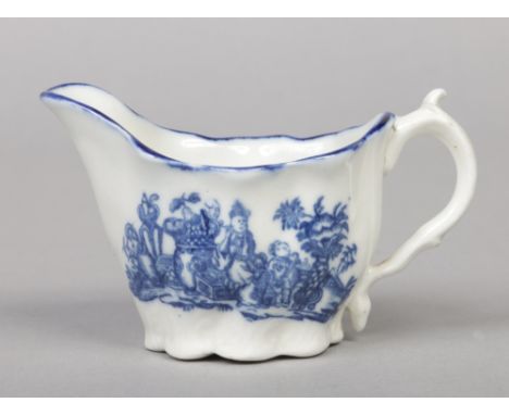 A Caughley low Chelsea ewer. Printed in underglaze blue with the Mother and Child pattern c.1780, 6cm high.Condition report i