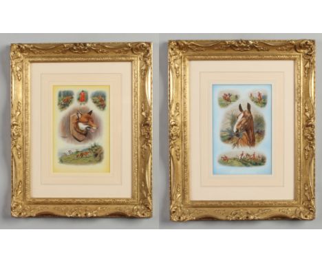 George Wright (1860-1942) pair of gilt framed gouche paintings. Fox hunting vignettes, signed, 25cm x 16cm.Condition report i