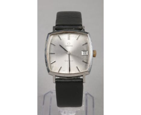 A Gentleman's Omega Geneve stainless steel manual wristwatch. With square satin dial, baton markers, centre seconds and date 