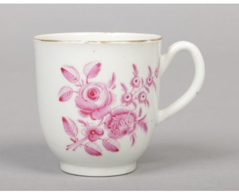 A Worcester coffee cup with grooved loop handle decorated in he atelier of James Giles, with gilt rim, a puce camaieu bouquet