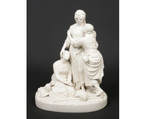 A Victorian Minton titled Parian figure group on ovoid base. Naomi and her daughter in law. Impressed date code for 1874, 34c