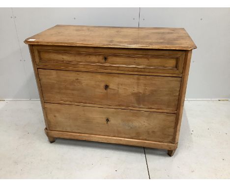 A 19th century Biedermeier maple three drawer commode (back foot loose), width 109cm, depth 57cm, height 88cm