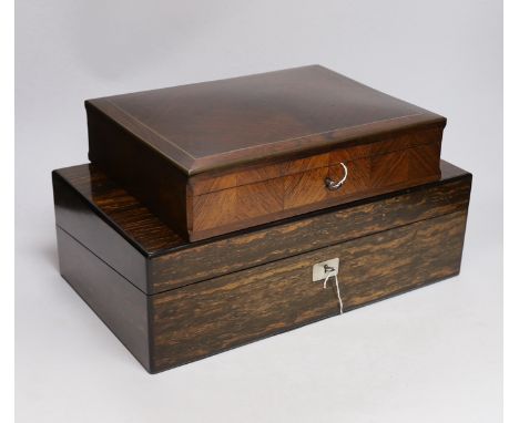 A Victorian calamander writing slope, 40.5cm wide, 24cm deep, 13cm high, together with a French rosewood box, 31cm wide, 24cm