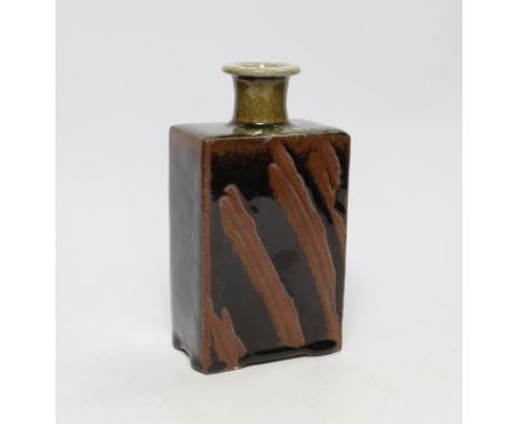 Winchcombe pottery tenmoku glazed rectangular studio pottery flask, attributed to Ray Finch, 18cm