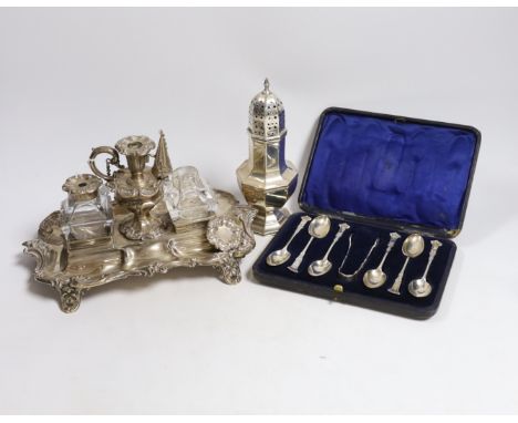 A Victorian silver inkstand, with two mounted glass wells and removeable taper stick, Henry Wilkinson &amp; Co Ltd, Sheffield