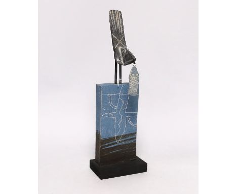 John Maltby (1936-2020), a ceramic sculpture of a bird catching a fish, ‘Bird on Wall’ signed to the ebonised wood plinth, 32