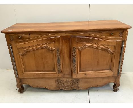 A Louis XV style carved cherry two door buffet, width 151cm, depth 53cm, height 95cm