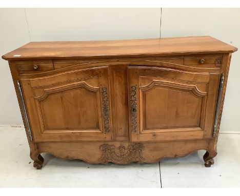 A Louis XV style carved cherry two door buffet, width 151cm, depth 53cm, height 95cm