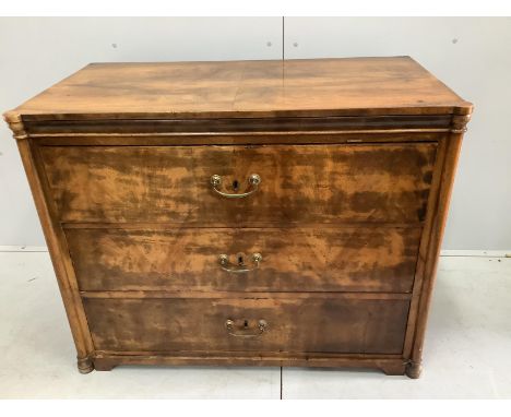 A 19th century Continental walnut three drawer commode, width 110cm, depth 58cm, height 87cm