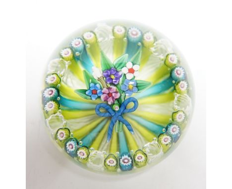 A Paul Ysart ‘small flower bouquet’ glass paperweight, Caithness or Harland period, ‘PY’ cane, multi coloured latticino and c
