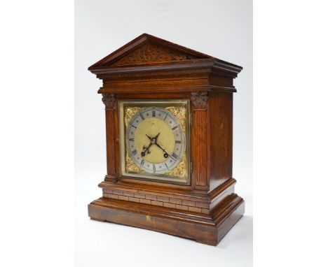 Victorian oak mantel clock, brass dial and mask spandrels; Winterhalder &amp; Hoftmier two train movement, quarter striking i