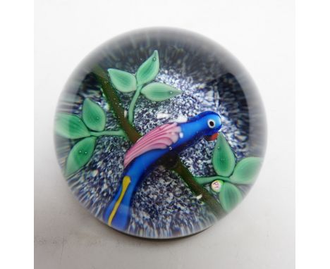A Paul Ysart ‘blue parrot’ footed glass magnum paperweight, Caithness period, ‘PY’ cane, blue jasper ground, dark green glass