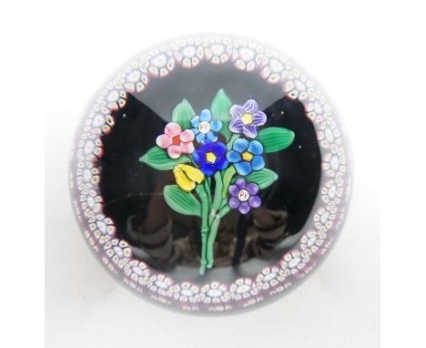 A rare Paul Ysart ‘small flower bouquet’ paperweight with double ‘PY’ cane, Caithness period, CG paper label to base, 7.5cm G