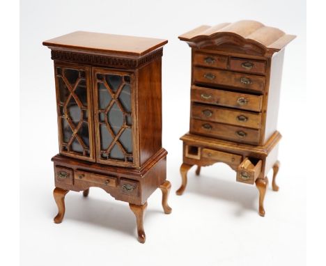 Two pieces of early 20th century miniature furniture - a mid-18th century style walnut bookcase, indistinctly signed on the b