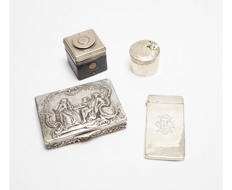 A German embossed 800 standard white metal snuff box, 87mm a silver card case, a modern silver drum shaped box(a.f.) and a si