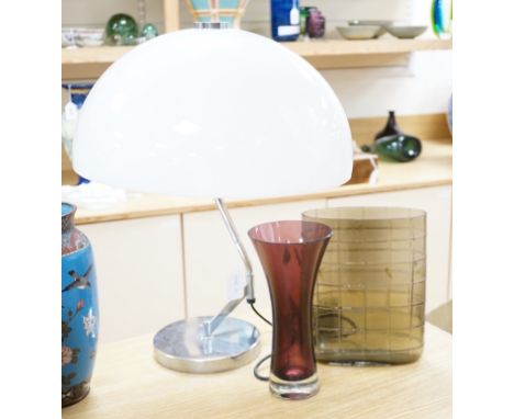 Two modern glass vases and a modernist table lamp with Perspex  shade, largest 57cm high