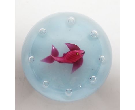 A Paul Ysart ‘fish’ glass paperweight, Harland period, opaque white ground, ‘H’ cane, paper label, 7cm A few minor fleabite n