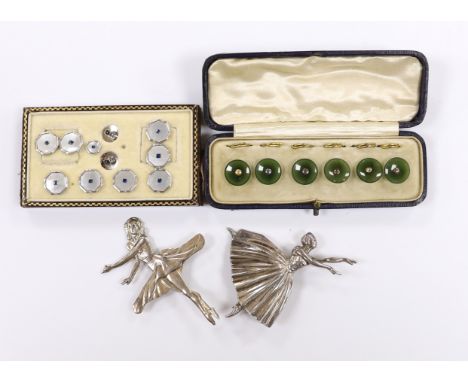 Two silver ballerina brooches, largest 7cm and two cased dress stud set including sterling and mother of pearl.