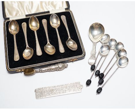 Sundry small silver including a Victorian caddy spoon, London, 1845, a folding comb, handled toothbrush and various coffee sp