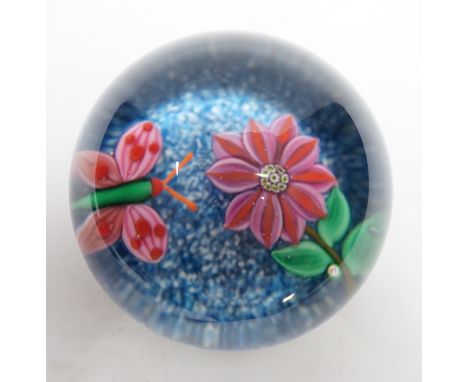 A rare Paul Ysart ‘insect and flower’ footed glass paperweight, Caithness period, scratched signature ‘P. Ysart’, ‘PY’ cane, 