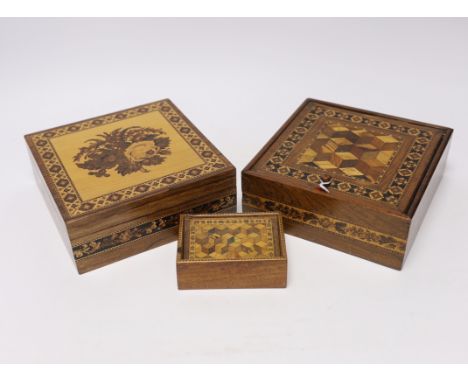 Three Tunbridgeware boxes, two decorated with perspective cube Marketree, the third with floral tesserae mosaic, largest 15.5