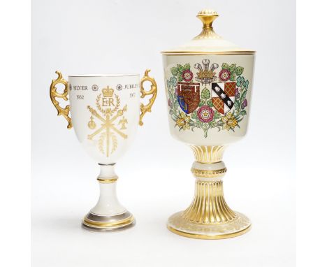 A boxed Spode Charles and Diana commemorative lidded chalice and a chalice for the 1977 Silver Jubilee, tallest 32cm