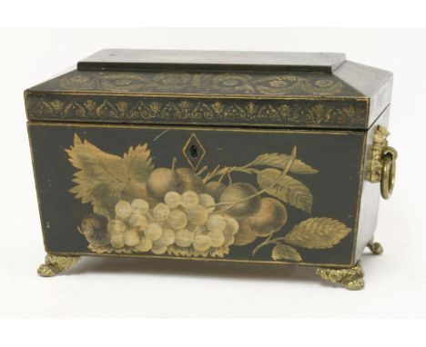 A Regency black japanned tea caddy,of sarcophagus shape, ornately painted to each surface with fruit, flowers, stylised folia