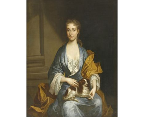 Circle of Charles Jervas (1675-1739)PORTRAIT OF A YOUNG LADY, THREE-QUARTER LENGTH SEATED, WEARING A BLUE DRESS AND GOLD WRAP