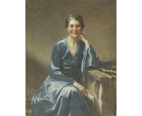 *Frank O Salisbury (1874-1962)PORTRAIT OF HILDA SWIFT, THREE-QUARTER LENGTH SEATED, IN A BLUE DRESS, HOLDING A BOOKSigned u.r