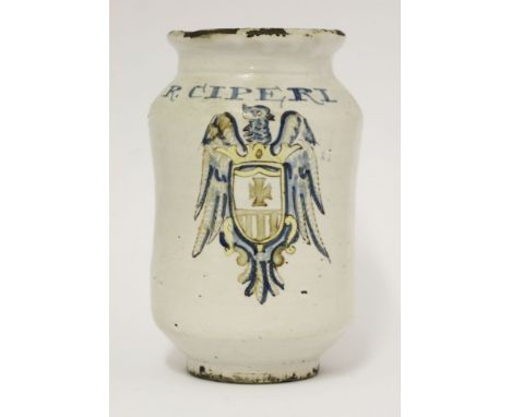 A Talavera faience Albarello, 17th century, inscribed 'R CIPERI',19cm high