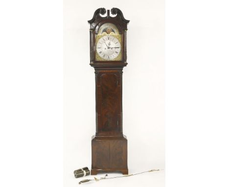 A Scottish mahogany longcase clock, early 19th century, the arched brass dial with rolling moon in arch, central date hand, e