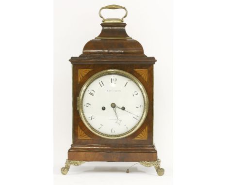 A George III inlaid mahogany bracket clock, the enamelled dial inscribed 'Chancellor, London', the eight-day movement strikin
