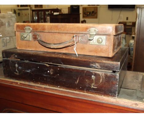 Vintage briefcase, vintage box and chess board and pieces 