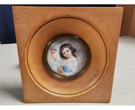 Light Wood-Framed Early Portrait Miniature of a Young Girl - signed Canova - 10.5cm across
